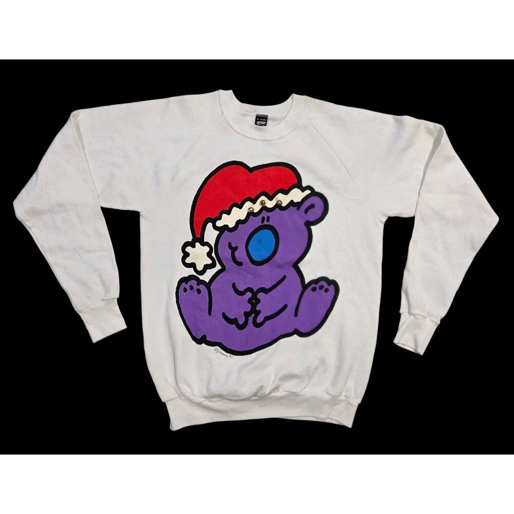 Vtg Christmas Holiday Pullover Sweatshirt Bear Bells USA Screen Stars Adult XL